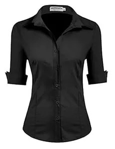 Hotouch Hemdblusen Hotouch Bluse Damen Sommer Hemdbluse 3/4 Ärmel Slim Fit Hemd Baumwolle Basic Shirt Business Blusen mit Knopleiste Kurzarm V-Ausschnitt Blusenshirt Tops