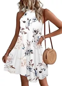 WNEEDU Freizeit WNEEDU Sommerkleider Damen Kurze Strandkleider Neckholder Ärmelloses A-Linie Kleider mit Taschen