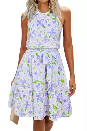 Newshows Freizeit Newshows Sommerkleider Damen Knielang Elegant Kleid Blumenmuster Neckholder Rüschen Freizeitkleider mit Taschen