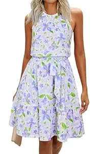 Newshows Freizeit Newshows Sommerkleider Damen Knielang Elegant Kleid Blumenmuster Neckholder Rüschen Freizeitkleider mit Taschen