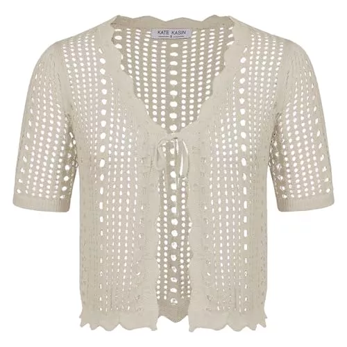 Kate Kasin Strickjacken Kate Kasin Damen Elegant Kurzarm Cardigan mit V Ausschnitt Einfarbiger Leichte Strickjacke Bolero