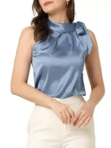 Allegra K Ärmellose Blusen Allegra K Damen Ärmellos Satin Top Elegant Rüschen Stehkragen Bluse Schleife Oberteil