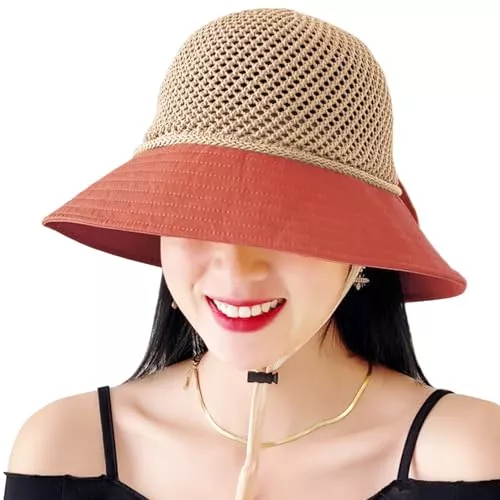 KXF Hüte & Mützen KXF Damen Sonnenhut Breite Krempe Mesh Verstaubare Eimerkappe mit Abnehmbarer Kinnkordel Pferdeschwanz Schleife Sonnenhut für Urlaub Sommer Strand Wandern, Verstellbare Passform, Schwarz
