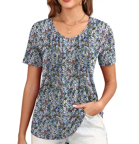 GRECERELLE Kurzarmblusen GRECERELLE T-Shirt Damen Somme Tops Damen Kurzarm T-Shirt Elegant Button Casual Basic plissiert Blumen Bluse Shirts