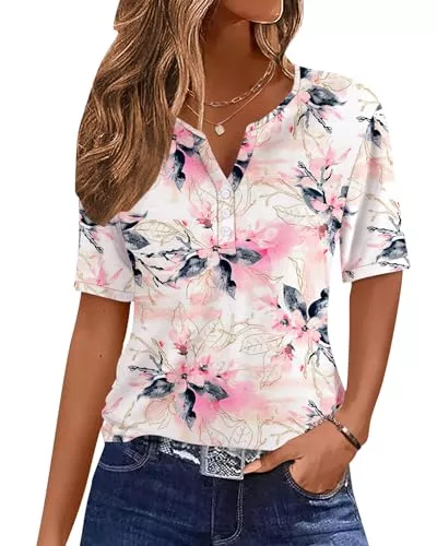 WNEEDU Kurzarmblusen WNEEDU Damen Sommer T-Shirt Basic Shirt V-Ausschnitt Blusen Top Oberteile Kurzarm Tshirt mit Button 2025 Neu
