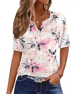 WNEEDU Kurzarmblusen WNEEDU Damen Sommer T-Shirt Basic Shirt V-Ausschnitt Blusen Top Oberteile Kurzarm Tshirt mit Button 2025 Neu