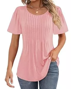 Cuptacc Kurzarmblusen Cuptacc Tshirt Damen Rundhals Mit Falten Locker Puffärmel T-Shirt Elegant Kurzarm Geblümt/Einfarbig Top Damen