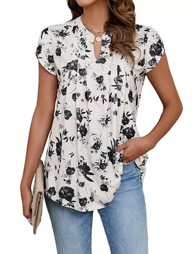 Cuptacc Kurzarmblusen Cuptacc Tunika Damen Sommer V-Ausschnitt Blütenblatt Ärmel Bluse Damen Elegant Lässig Basic Top Damen