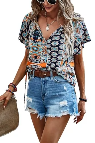 Awemeal Kurzarmblusen Awemeal Damen Bluse Sommer Rüschen Kurzarm V-Ausschnitt Shirt Boho Drucken Strand Top T-Shirt Casual Lose Tunika Oberteil