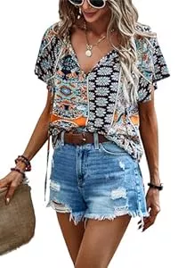 Awemeal Kurzarmblusen Awemeal Damen Bluse Sommer Rüschen Kurzarm V-Ausschnitt Shirt Boho Drucken Strand Top T-Shirt Casual Lose Tunika Oberteil