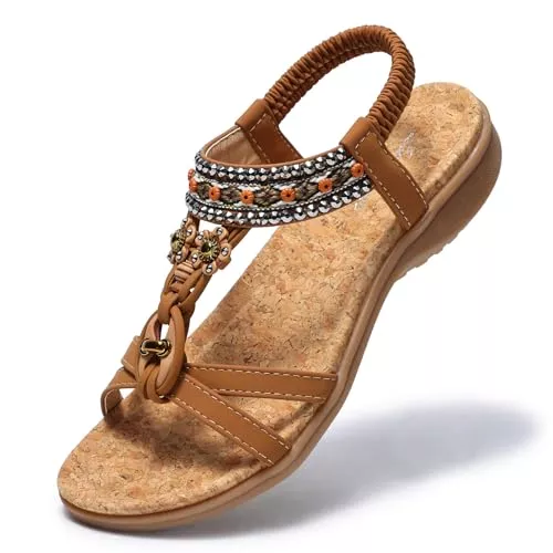 Littleplum Sandalen & Slides Littleplum Damen Sandalen Freizeit Flach Sandalette mit Strass Perlen Bohemia Strand Schuhe SKT8627E