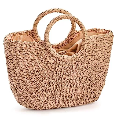 Pumtus Taschen & Rucksäcke Pumtus Strohtasche für Damen, groß, handgewebt, Sommer, Strand, handgefertigte Stroh-Tragetasche, lässiger Tragegriff oben, Rattan, gewebt, halbrunde Clutch für Damen, Reisen, Urlaub, Khaki