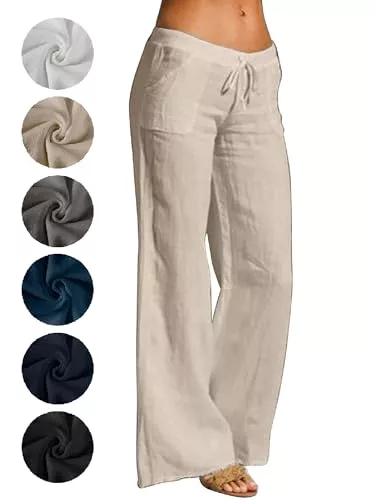 Puimentiua Hosen Puimentiua Sommerhose Damen Leicht,Sommer Weiß Leinenhose,High Waist Palazzo Hose,Luftig Elegant Stoffhose,Women Wide Leg Linen Pants,Lockere Schlaghose mit Weite Bein und Tunnelzug (S-2XL)
