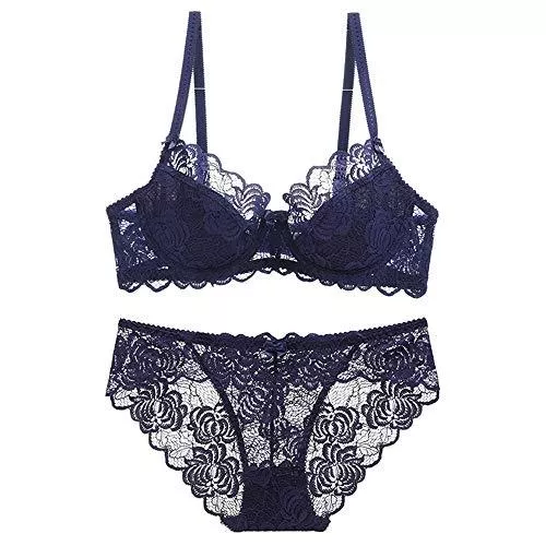 SWNN Unterwäsche & Dessous SWNN Dessous-Sets Damen Unterwäsche-Set Push Up Spitze BH und Höschen Set XL Dünne Unterwäsche für große Brüste Bequem und Atmungsaktiv Ungefüttert Balconette-BH (Farbe: Blau, Größe: 75B=32B=70B)