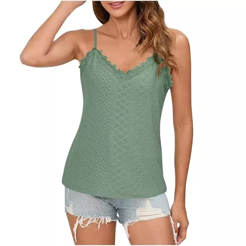 NZYIHAO Tops NZYIHAO Spitzen Top Damen V-Ausschnitt Tank Top Spaghetti Tops Sommer Oberteile Ärmellos Spitzentop Leichte Tanktops Spitze Bluse Casual Shirt Einfarbig Trägertop Locker Tshirt Longtops Spitzenbluse