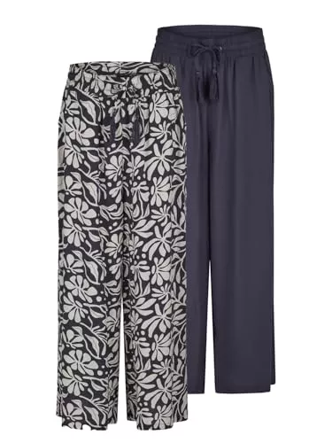 DENIMFY Hosen DENIMFY Palazzo Hose Damen Sommer 7/8 Loose Fit DFKate 2er Pack Weites Bein Sommerhose leicht Stoffhose Knöchellang Elastische Taille Einfarbig Muster Viskose Grün Weiß Beige Schwarz Navy S M L XL XXL