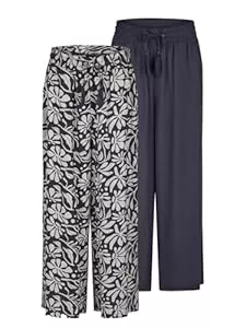 DENIMFY Hosen DENIMFY Palazzo Hose Damen Sommer 7/8 Loose Fit DFKate 2er Pack Weites Bein Sommerhose leicht Stoffhose Knöchellang Elastische Taille Einfarbig Muster Viskose Grün Weiß Beige Schwarz Navy S M L XL XXL