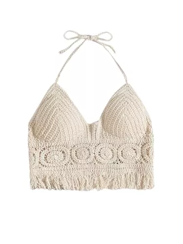 GORGLITTER Tops GORGLITTER Bikini Cover Up Top Damen Cover Up Strand Oberteil Gestricktes Gehäkeltes Crop Top Strandponcho Sommer Neckholder Tankini Oberteil