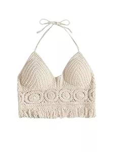 GORGLITTER Tops GORGLITTER Bikini Cover Up Top Damen Cover Up Strand Oberteil Gestricktes Gehäkeltes Crop Top Strandponcho Sommer Neckholder Tankini Oberteil