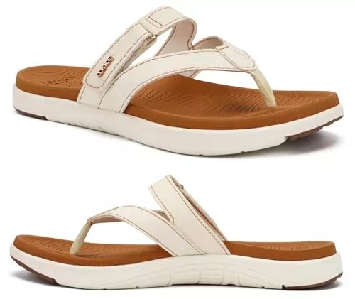 COFACE Sandalen & Slides COFACE Flip Flops Damen Mode Orthopädische Leder Stoff Leicht Zehentrenner Frauen Bequeme Plantarfasziitis Weich Yoga Fußbett Badelatschen Sommer Strand Rutschfest Feste Gummi Sohle