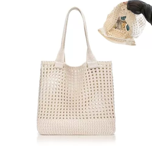 Baieye Taschen & Rucksäcke Gehäkelte Tasche,Tote Bag Aesthetic,Strandtasche Damen,Sommertaschen,Faltbar Tasche Beige,Leicht und Tragbar,für Shopper,Outfits Kollokation,Reisen,Studenten