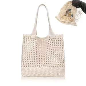 Baieye Taschen & Rucksäcke Gehäkelte Tasche,Tote Bag Aesthetic,Strandtasche Damen,Sommertaschen,Faltbar Tasche Beige,Leicht und Tragbar,für Shopper,Outfits Kollokation,Reisen,Studenten