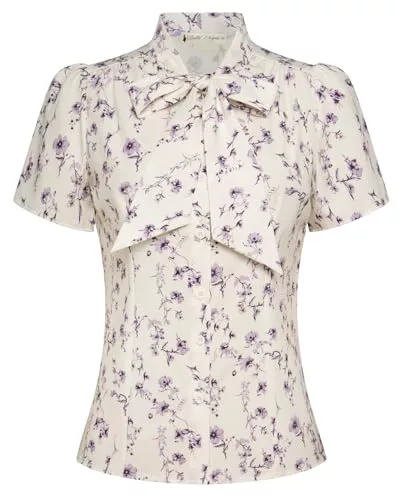 Belle Poque Kurzarmblusen Belle Poque Damen Kurzarm Casual Oberteil Basic Tops Sommer Bluse Vintage Hemd T-Shirt mit Schleife BP819