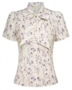 Belle Poque Kurzarmblusen Belle Poque Damen Kurzarm Casual Oberteil Basic Tops Sommer Bluse Vintage Hemd T-Shirt mit Schleife BP819
