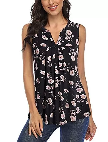 VAFOLY Ärmellose Blusen VAFOLY Tops Damen Henley V-Ausschnitt Ärmellose Sommer Tank Top Plissiert Bluse T Shirt Oberteile