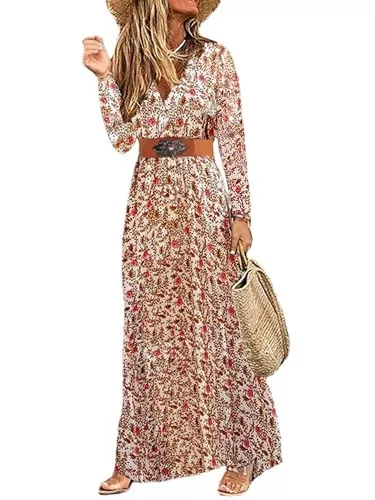 MessBebe Freizeit MessBebe Damen Boho Blumendruck Maxi Kleid V-Ausschnitt Kurzarm High Taille Sommerkleid mit Gürtel