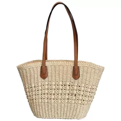 Porgeel Taschen & Rucksäcke Porgeel Strohtasche große Kapazität Stroh-Strandtasche langlebige Tragetasche mit Reißverschluss Sommer-Webtasche für Damen für Reisen Urlaub Beige
