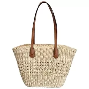 Porgeel Taschen & Rucksäcke Porgeel Strohtasche große Kapazität Stroh-Strandtasche langlebige Tragetasche mit Reißverschluss Sommer-Webtasche für Damen für Reisen Urlaub Beige