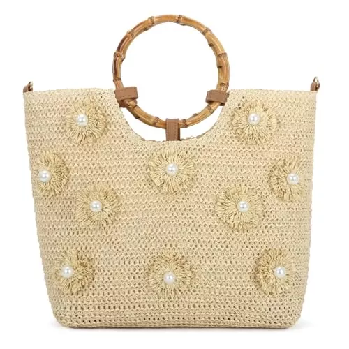 Freiesoldaten Taschen & Rucksäcke Freiesoldaten Blumen Perlen Stroh Tote Tasche für Frauen Große Sommer Strand gewebt Top Handle Handtasche mit Verstellbarem Riemen
