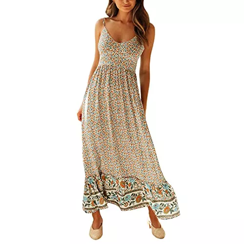 semen Freizeit semen Damen Boho Kleid Lang V Ausschnitt Maxikleid Ärmellose Kleider Elegant Spaghetti Kleid Hohe Taille
