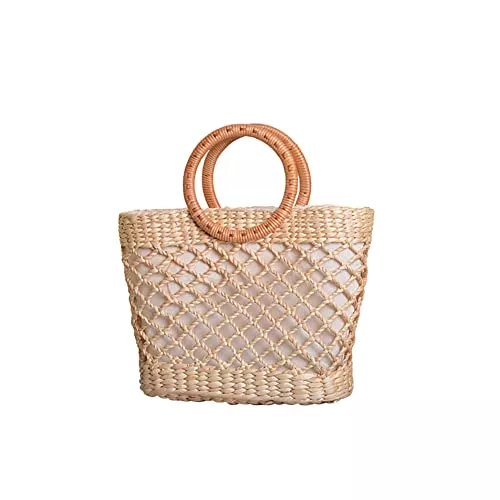 ISAKEN Taschen & Rucksäcke ISAKEN Frauen Strohtaschen Handgewebte Strandtasche Rattan Tasche Schnalle Stil Böhmen Handgefertigt Stroh Crossbody Geflochtene Damen Tasche für Arbeit Reise Party Hochzeit Outdoor