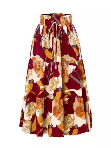Adigaber Röcke Adigaber Lang Rock Damen Elastische Taille Rock Blumendruck Rock Mit Kordelzug Urlaub Sommerrock Strandkleider