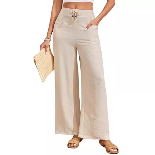 ALSOGO Hosen ALSOGO Damen Weites Bein Palazzo Hose Elegant Einfarbig Hohe Taille Drawstring Lose Lounge Hose mit Taschen 2025