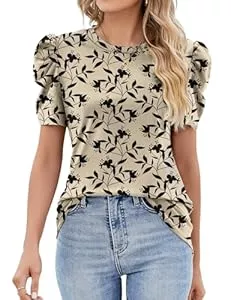 IECCP Kurzarmblusen IECCP Bluse Damen Sommer T-Shirts Puff Spitze Kurzarm 2025 Sommer Oberteile Damen Rundhals Lässig Tunika T-Shirt Elegant