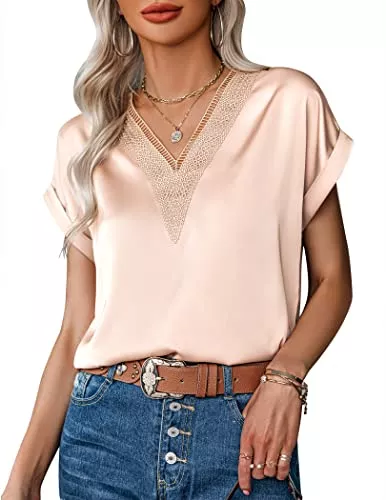 Zeagoo Kurzarmblusen Zeagoo Bluse Damen Spitze V-Ausschnitt Satin Shirt Kurzarm Blusen Tunika Sommer Oberteile Elegant Locker T-Shirt