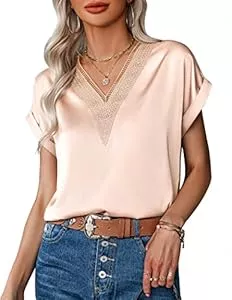 Zeagoo Kurzarmblusen Zeagoo Bluse Damen Spitze V-Ausschnitt Satin Shirt Kurzarm Blusen Tunika Sommer Oberteile Elegant Locker T-Shirt