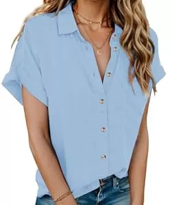 Hotouch Hemdblusen Hotouch Bluse Damen Lässig Kurzarm Hemd 100% Baumwolle Hemdbluse Button-Down Shirt V-Ausschnitt Blusenshirt Casual Oberteile mit Tasche