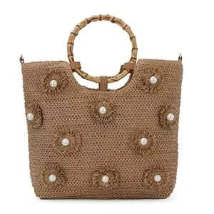 Freiesoldaten Taschen & Rucksäcke Freiesoldaten Blumen Perlen Stroh Tote Tasche für Frauen Große Sommer Strand gewebt Top Handle Handtasche mit Verstellbarem Riemen