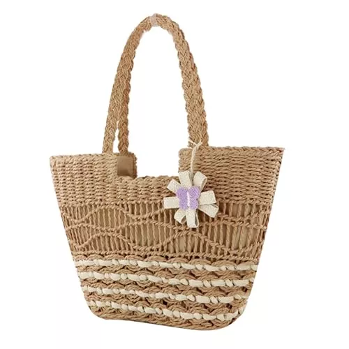 Licsaliwe Taschen & Rucksäcke Stroh-Strandtasche Süße Strohtaschen für Frauen Schultertasche aus gewebtem Rattan für Frauen Strandtasche mit Reißverschluss für den Sommerurlaub