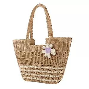 Licsaliwe Taschen & Rucksäcke Stroh-Strandtasche Süße Strohtaschen für Frauen Schultertasche aus gewebtem Rattan für Frauen Strandtasche mit Reißverschluss für den Sommerurlaub