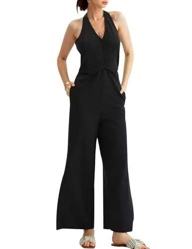 CHERFLY Jumpsuits CHERFLY Damen Jumpsuit Elegant Sommer Ärmellos V-Ausschnitt Halter Rückenfrei Seitenschlitz Overall Weites Bein mit Taschen