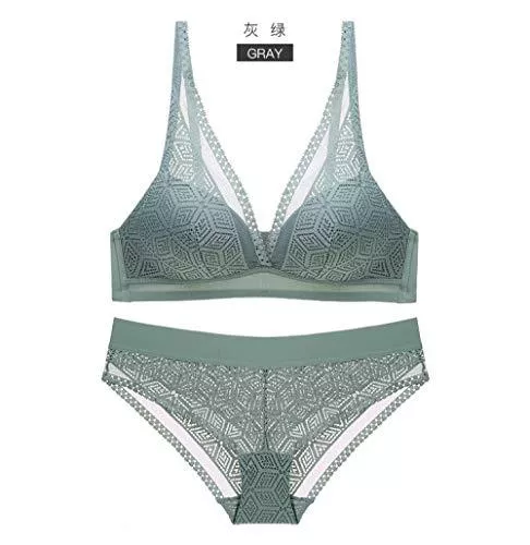 MEN.CLOTHING-LEE Unterwäsche & Dessous MEN.CLOTHING-LEE Spitzen-BH-Set Frauen Tauchen Geometrisches Muster Cup Wire Free Dünne gepolsterte Dessous Frauen BH und Unterwäsche Set-Sage_Green_75B