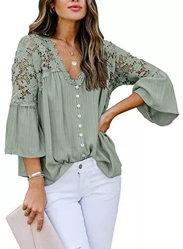 Aleumdr Kurzarmblusen Aleumdr Spitze Bluse Damen Elegant Tunika Bluse Langarm Causal Tops Lose Langarmshirt Vintage Tunika Shirt