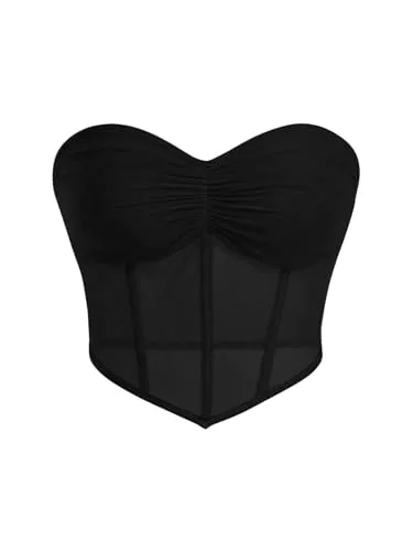 GORGLITTER Tops GORGLITTER Damen Bauchweg Tube Top Mesh Trägerlose Tops Asymmetrisch Schulterfrei Korsett Top mit Durchsichtiges Netz