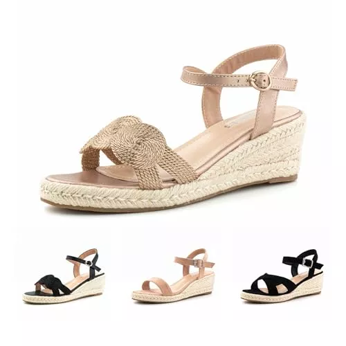 Hitmars Sandalen & Slides Hitmars Sandalen Damen Plateau Sandalen Keilsandalen Espadrilles Keilabsatz Sandaletten Wedges Damen Mode Peep Toe Sommerschuhe Schwarz Beige Khaki EU 36-43