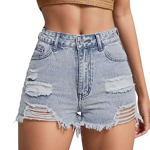 Generisch Shorts Jeans Kurz Damen Sexy Zerrissene mit Fransen Kurze Jeans Jeanshose Denim Stretch High Waist Jeans Short Leicht Curvy Lässig Kurze Hose Shorts Sommer mit Taschen Kurze Hosen Hotpants